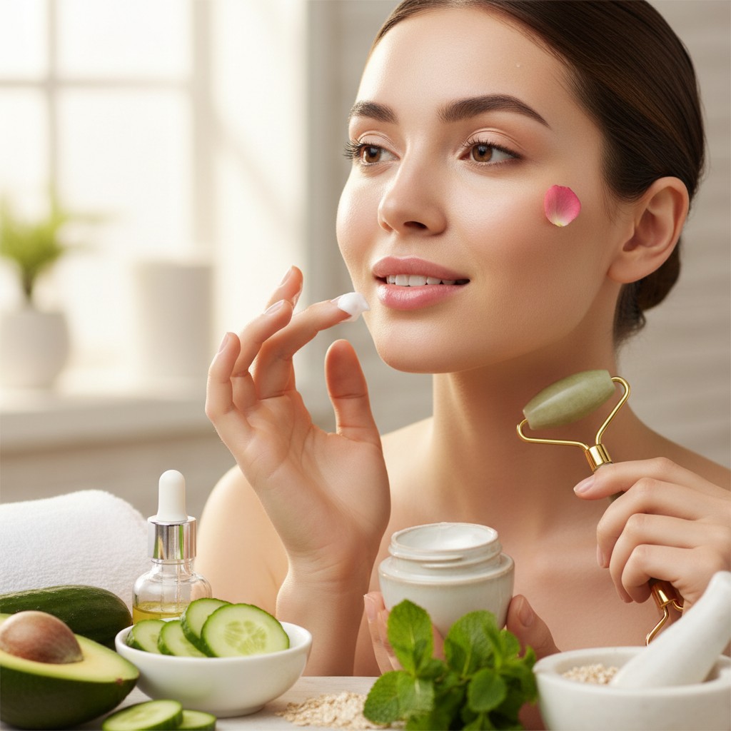 A fair-skinned woman applying a creamy substance to her face with a white cloth, while holding a jade roller vertically wi...