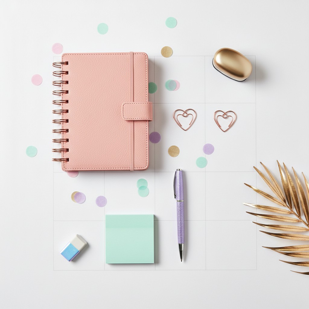 A pink leather-bound book, a gold oval object, two heart paper clips, a lavender pen, a mint green sticky note and pad, an...