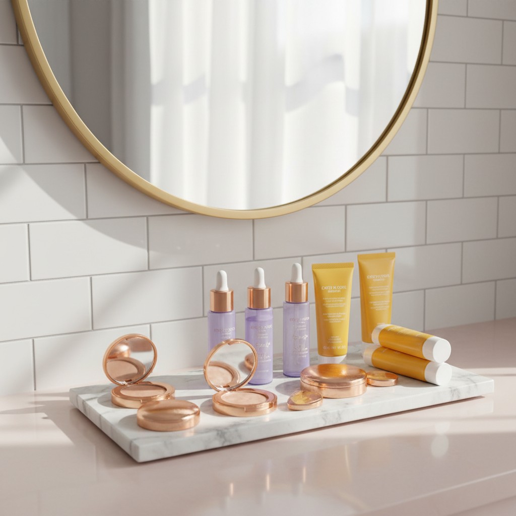 A modern bathroom counter with various beauty products and a mirror.