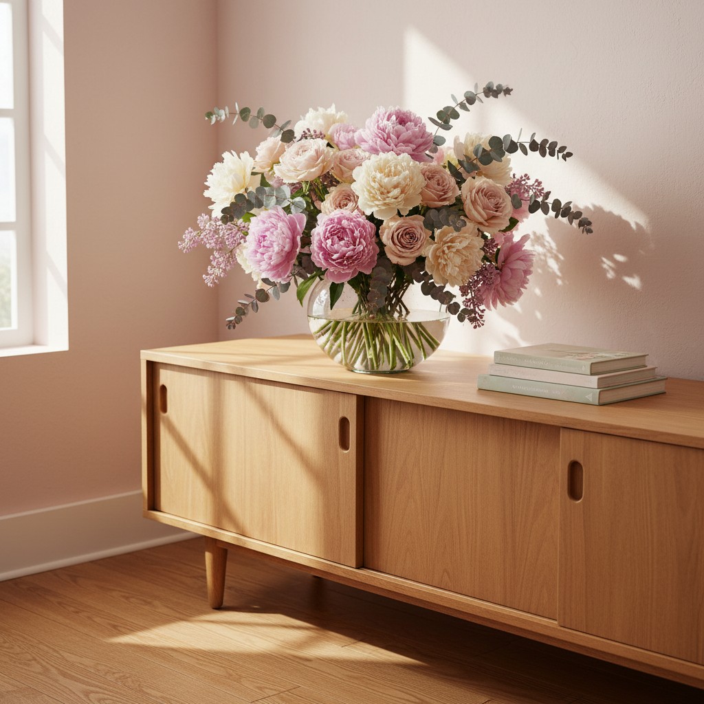 A bouquet of pink and white flowers, in a clear vase, sits atop wooden storage on a pale pink-walled room. Three minty-gre...