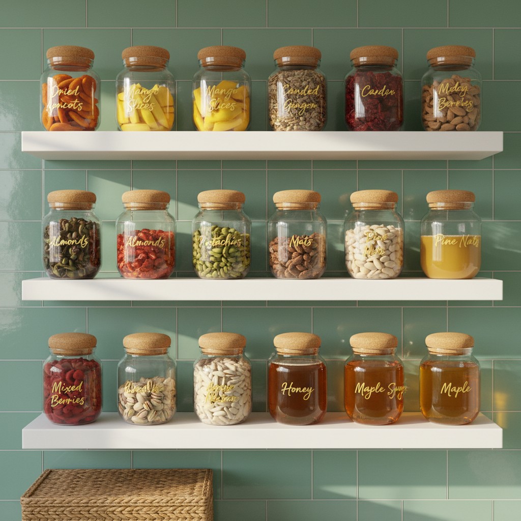 Close-up of colorful jars of dried fruits, nuts, honey, and maple syrup on light green tiles. Viewed from above. (housewar...