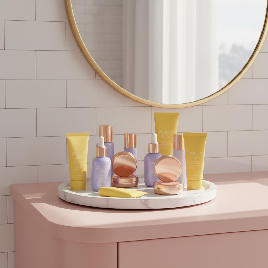 Here is the alt text for the image: "Beige and pink vanity with round mirror, creams, and makeup products".